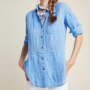 Pilcro Anthropologie Linen Button Shirt Blue Women 2 Woven Long Sleeve Gauzy